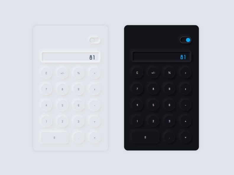 Concept of a neumorphic calculator in dark and light themes.